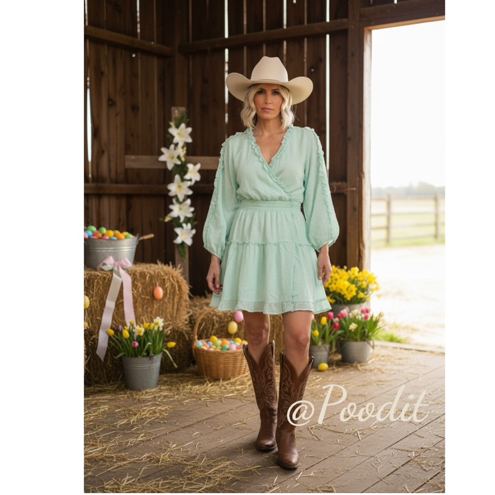 PEACH LOVE CALIFORNIA Swiss dot ruffle frill mint dress S M L
